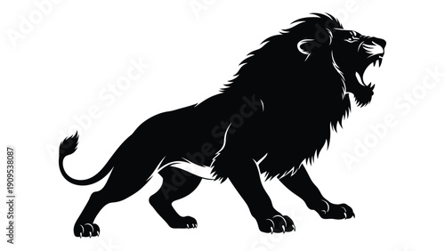 Majestic black silhouette of a roaring lion in a dynamic pose isolated on white background, Vector