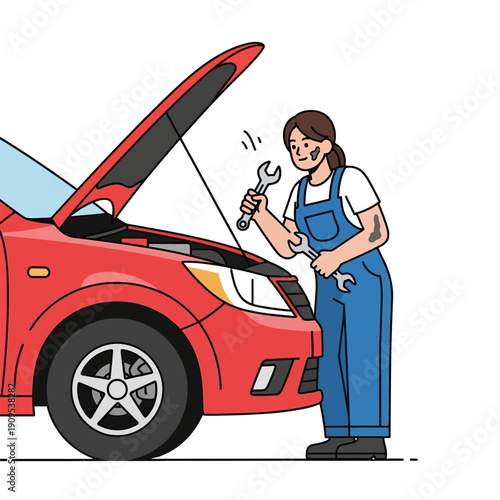 Woman mechanic fixing red car with open hood holding wrenches in workshop