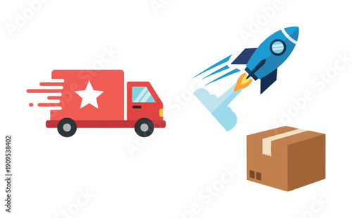 Dynamic depiction of fast delivery services featuring a speedy red truck and a launching rocket alongside a package, perfect for advertising logistics and shipping businesses