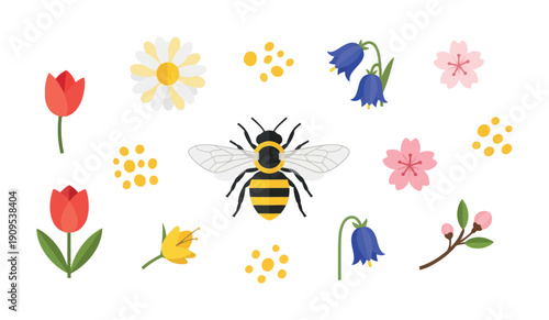 A vibrant collection of spring and summer floral elements including tulips, daisies, bluebells, and cherry blossoms, accompanied by a busy bee and scattered pollen, perfect for seasonal