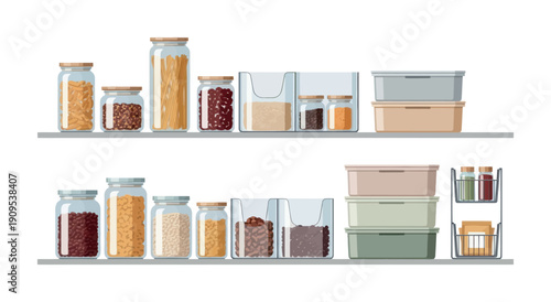 Organized kitchen pantry with various transparent and opaque food storage containers holding dry goods like pasta, beans, and cereals on shelves, perfect for home organization or culinary