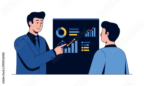 Two business professionals discussing financial data and market trends on a digital dashboard, ideal for showcasing business strategy, analytical reports, or team collaboration in a