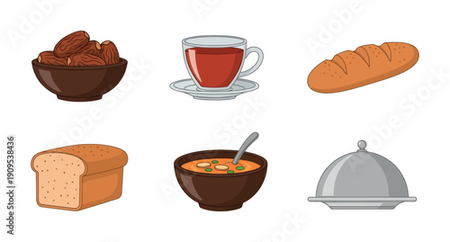 Collection of nutritious food items featuring dates, hot beverage, various types of bread, hearty soup, and a serving cloche, ideal for promoting healthy eating or restaurant menus.