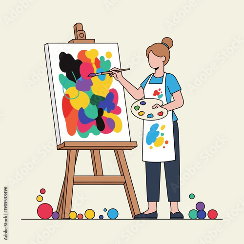 Woman artist painting abstract art on canvas with easel and palette in studio setting