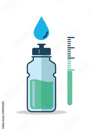 A blue water drop icon above a sports bottle containing green liquid with an adjacent measurement scale representing hydration tracking and daily fluid intake for health and fitness