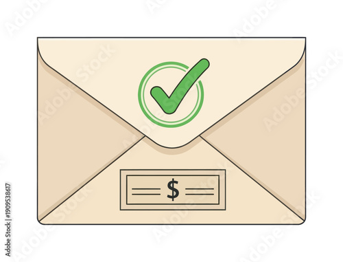 A successful financial transaction is depicted on this sealed envelope with a prominent green checkmark and dollar sign, perfect for conveying approved payments or money delivery concepts.