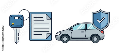 Secured automobile alongside a car key and official document signifies comprehensive vehicle insurance, rental, or purchase agreement suitable for automotive business and service marketing