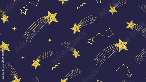 Whimsical seamless pattern of yellow shooting stars, constellations, and zig-zag lines on a dark purple background.