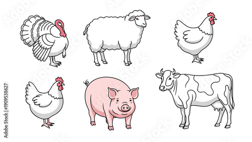 Group of various farm animals including a turkey, sheep, chicken, pig, and cow illustrated in a simple cartoon style.
