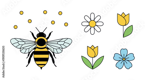 Adorable bee flying amidst pollen dust alongside cheerful springtime flowers like a daisy, yellow tulips, and a blue bloom, ideal for natureinspired educational resources or kids storybooks.