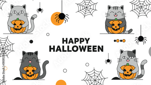 Cute halloween cats with jack o lanterns and spiders on a white background with a happy halloween greeting message.