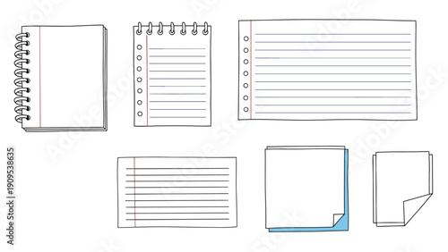 Variety of notebook pages and paper scraps with spirals and lines for taking notes and organizing creative projects.