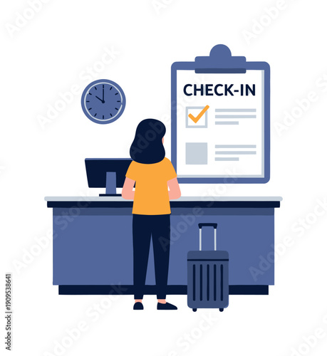 Traveler standing at a hotel reception desk with a suitcase, ready for checkin registration, ideal for hospitality business promotions and travel industry services.