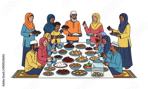 A multigenerational Muslim family and friends gather around a table filled with food, happily celebrating Eid or breaking fast during Ramadan while sharing a meal and engaging in acts of