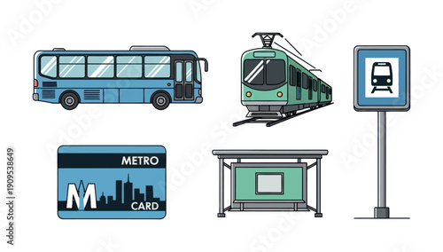 Public transportation collection featuring a city bus, metro train, bus stop sign, bus shelter, and metro travel pass for urban mobility and city commuting infographics
