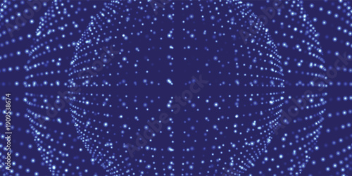 High-tech blue hologram globe with glowing points, virtual reality space, dark blue background