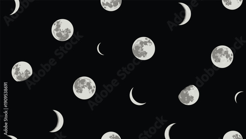Night sky pattern featuring various phases of the moon including crescents and full moons on a solid black background.
