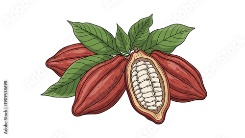 Detailed illustration of cacao pods and cocoa beans with green leaves depicting the source of natural chocolate.