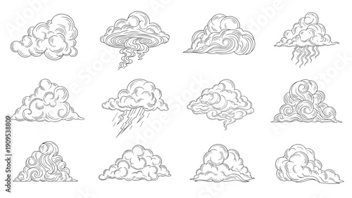 Weather forecast icons featuring different types of clouds with rain lightning and wind in a classic line art style.