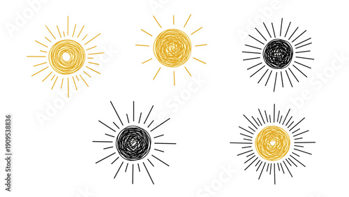 Hand drawn sun icons with scribbled circles and radiating rays in black and gold for weather or summer themes.