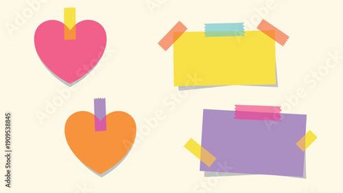 Colorful heart shaped and rectangular paper notes held with adhesive tape for organizing reminders and messages.
