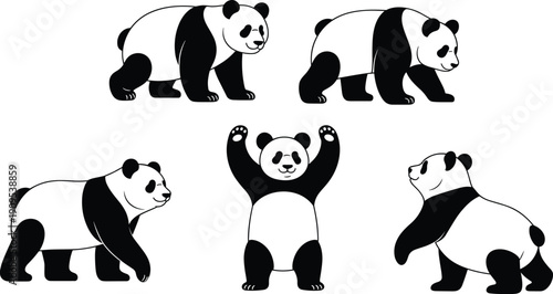 Five Cartoon Panda Bears In Various Poses On White Background animal wildlife