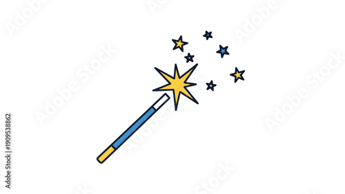 Magic wand icon with a star on top surrounded by sparkling celestial glitters for fantasy and wizardry concepts.