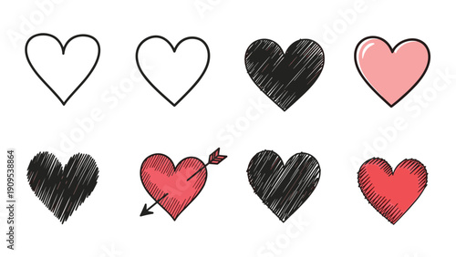 Set of various heart icons including sketched filled and arrow pierced styles for romantic designs and valentines day.