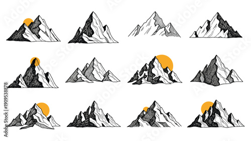 Hand drawn mountain peak collection with orange sun accents for outdoor adventure and nature landscape illustrations.