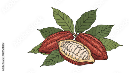 Cacao fruit pods and cocoa beans with leaves illustrated in a vintage style for natural chocolate and baking themes.