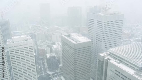 東京都庁展望台からの眺め。雪が降る東京。