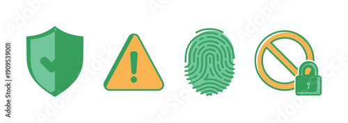 Modern digital security concept with shield protection, warning sign, biometric fingerprint identification, and restricted access lock symbol for cybersecurity and data privacy solutions.