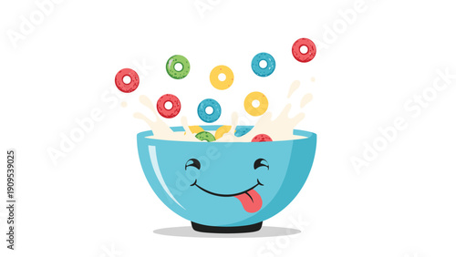 Cute blue bowl with a happy smiling face filled with colorful ring-shaped cereal and splashing milk against a white background.