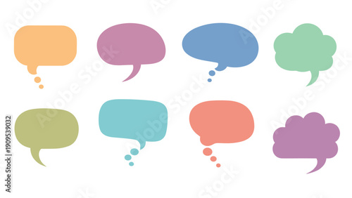 Set of eight pastel colored speech and thought bubbles with rounded edges for friendly and soft communication design.