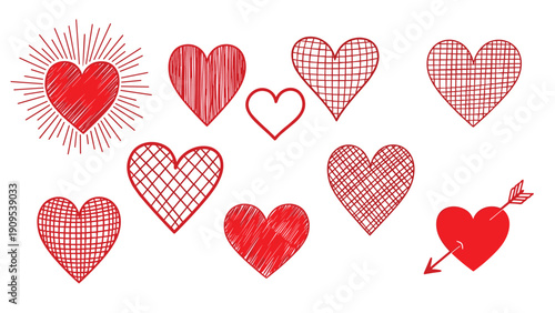 Collection of red hand drawn hearts with various textures and patterns including grids and sunburst rays on a white background.