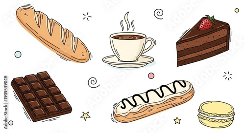 Sketch Bakery Doodle Icons with Bread, Coffee and Pastries Hand-Drawn Vector Set