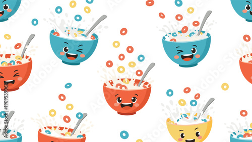 Seamless pattern of happy cereal bowls in various colors with milk splashes and ring cereals against a white background.
