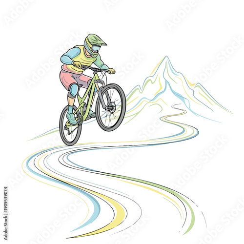 Mountain Biker Athlete Hand-drawn Sketch Illustration on Mountain Trail