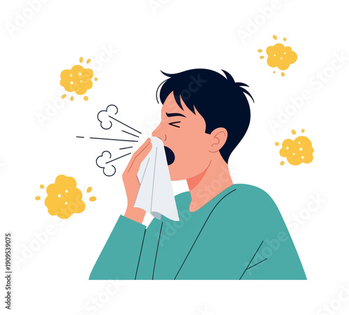 Asian man experiencing allergy symptoms or flu illness, sneezing into a tissue for health awareness and public hygiene campaigns
