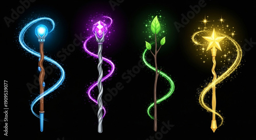 3D Magic Wands Set with Light Trails and Sparkle Effects Vector Illustration