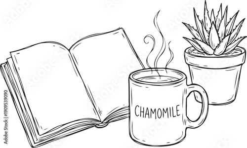 Black and white hand-drawn illustration of a steaming chamomile mug, open book and potted plant
