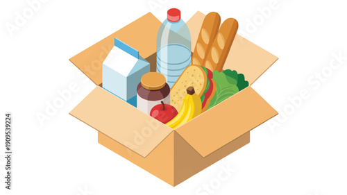 A 3D isometric illustration of a cardboard delivery box filled with various groceries (2)_traced