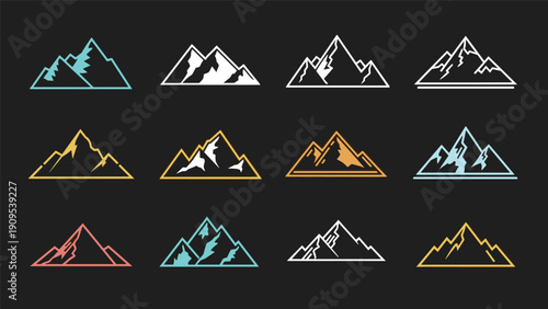 Collection of twelve minimalist mountain peak icons in various colors like teal orange and white on a dark background.