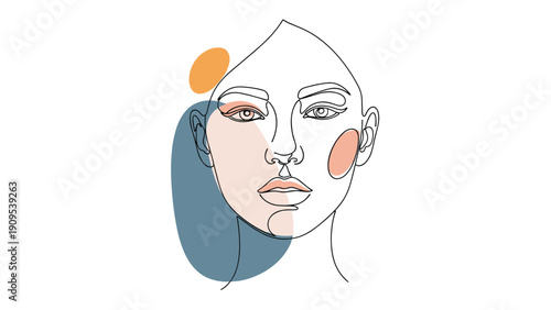 Minimalist line art portrait of a beautiful woman with colorful abstract shapes on a clean white background for modern aesthetic design.