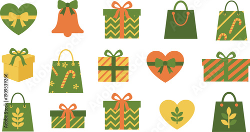 Festive holiday gift set with patterned gift boxes shopping bags candy canes and heart shaped packages