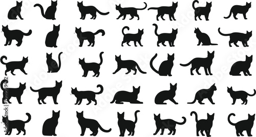 Black Cat Silhouette Collection with Walking Sitting Stretching and Jumping Feline Shapes Vector Set for Pet Design Projects