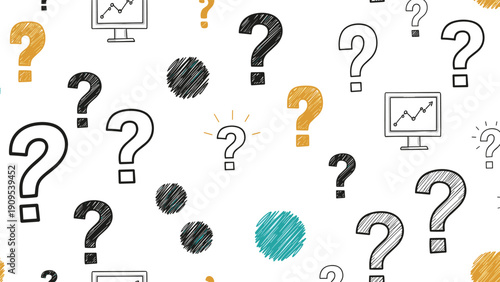 Seamless pattern with hand drawn question marks, computer monitors, and graph icons for business and research concepts.