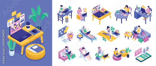Remote work digital icons and scenes collection isometric cartoon