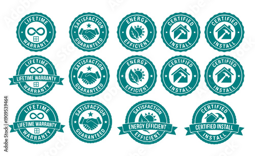 Window Quality Assurance and Warranty Badge Set - Black Silhouette Satisfaction Guarantee Seal Graphics Isolated on White