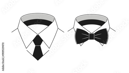 Illustration of formal shirt collars with a black necktie and a black bow tie for men fashion and event dress code concepts.